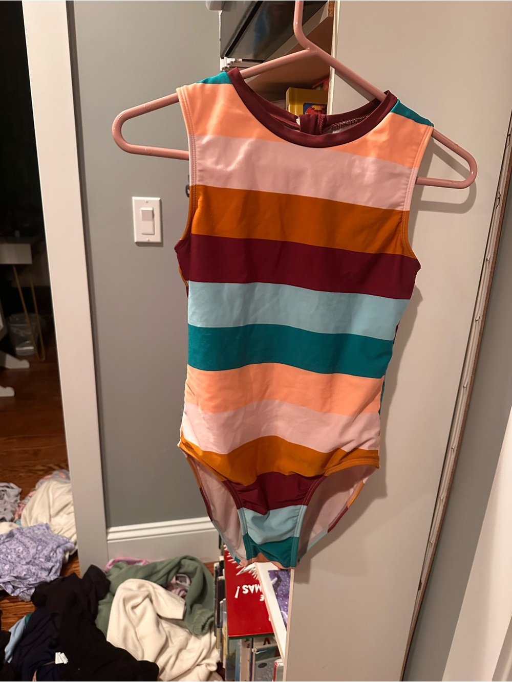 art class Girls' Striped One-Piece Swimsuit in Teal, Peach, Burgundy